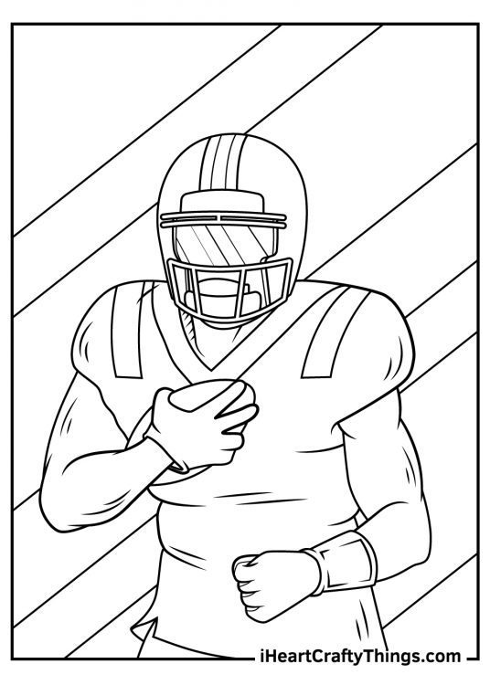 NFL coloring sheet depicting football player firmly holding the ball up to his chest