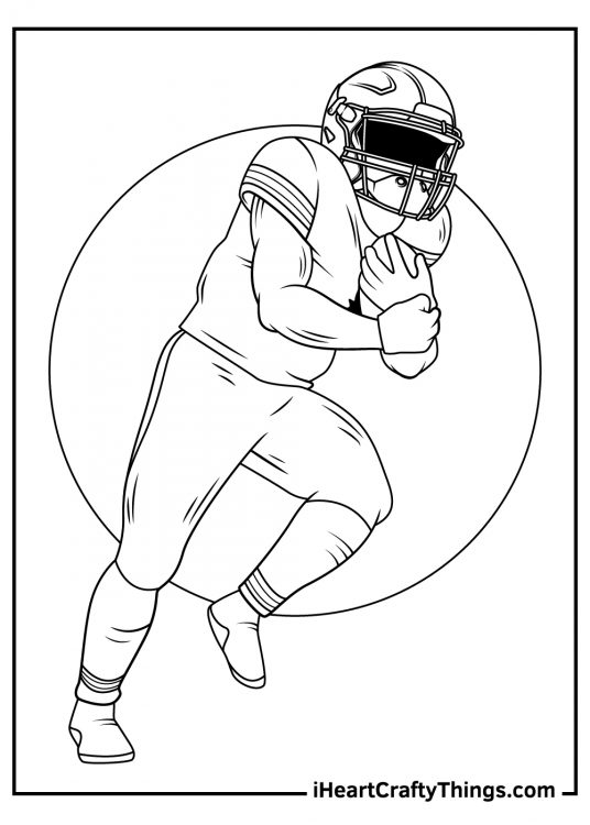 NFL-themed printable coloring page showing football player holding onto the ball while on the move