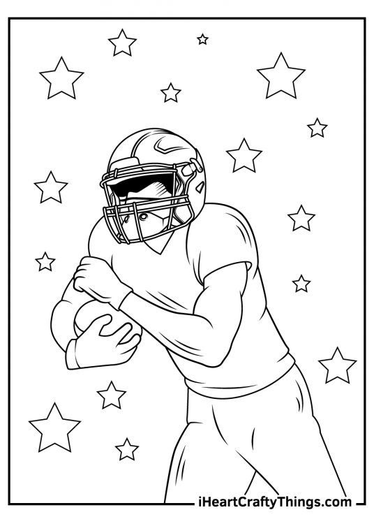 Detailed printable coloring picture presenting NFL player protecting the ball surrounded by stars