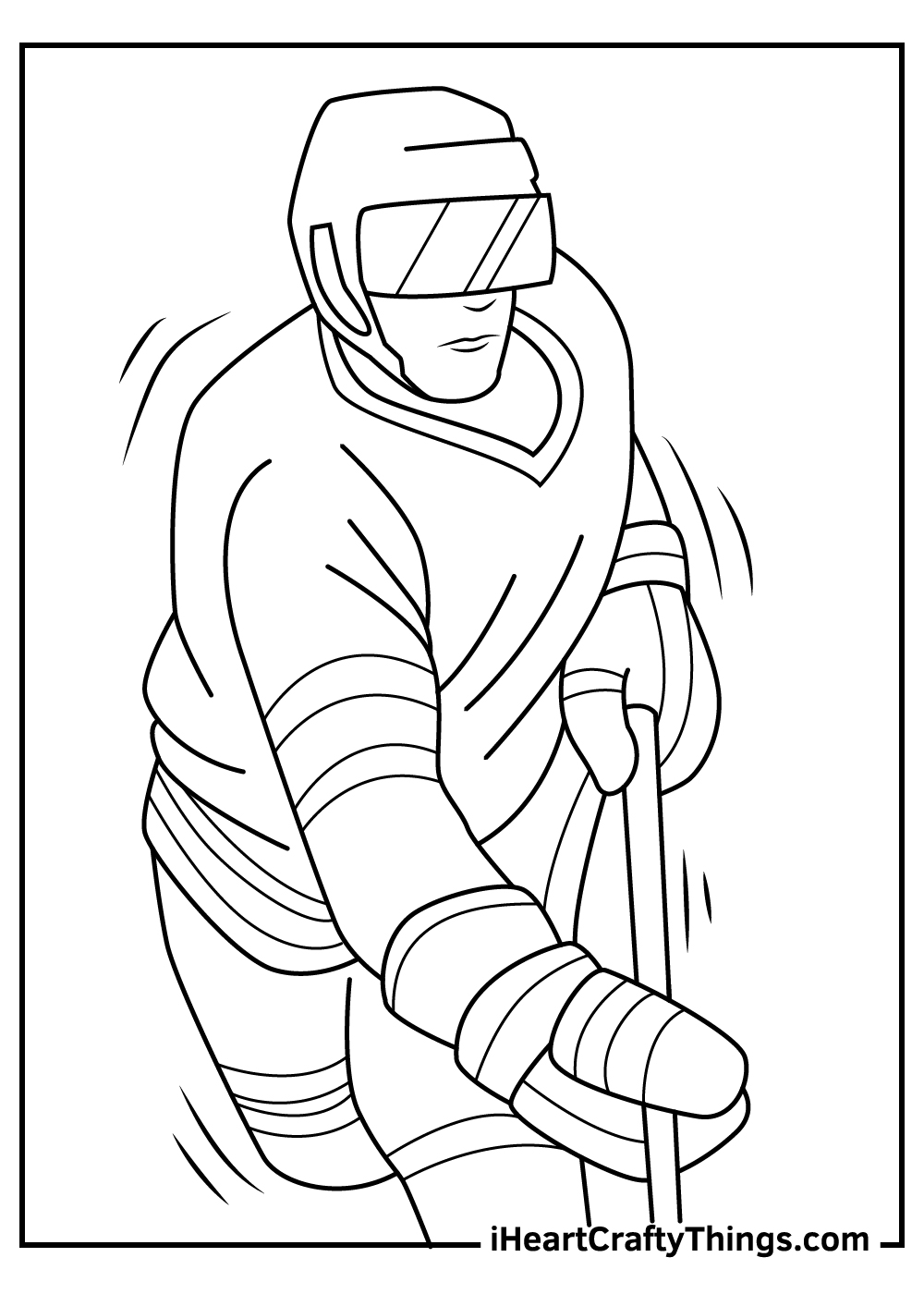 Printable coloring poster capturing concentrated NHL player possibly planning out a risky move