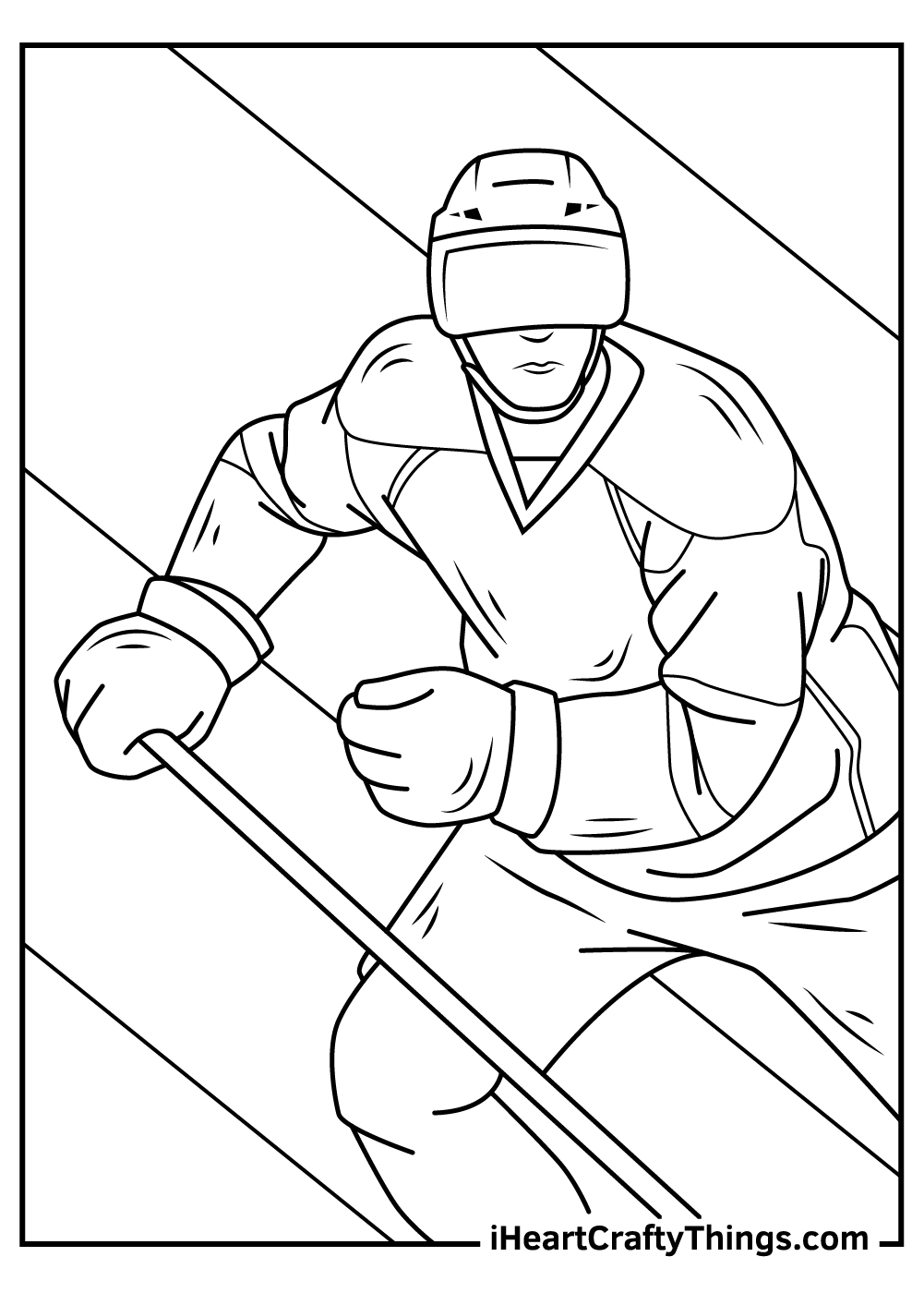 NHL coloring page featuring hockey player busy swooping in with segmented background behind him