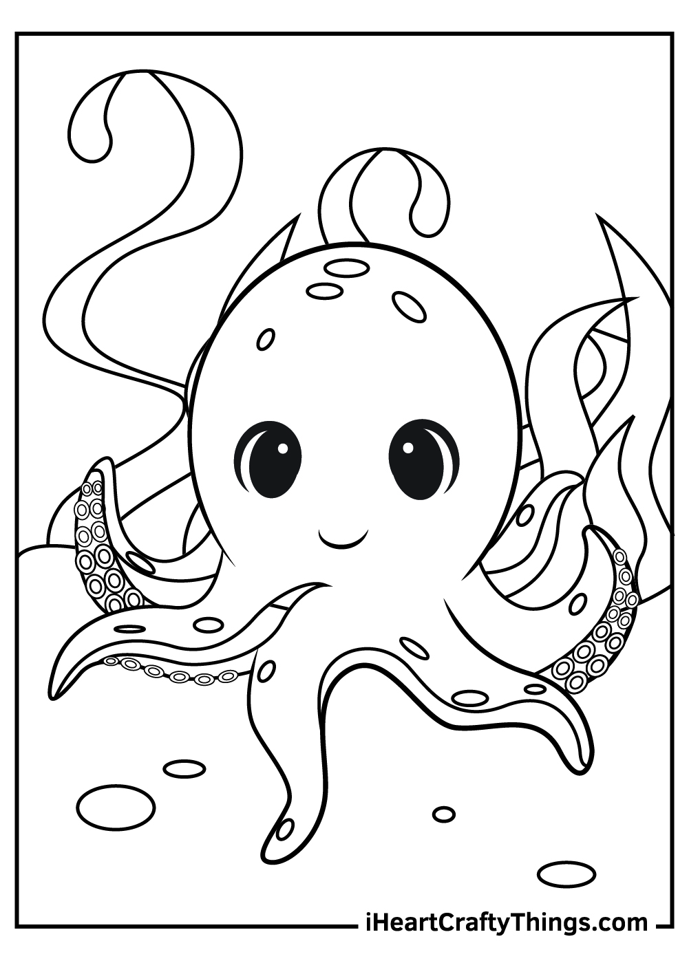 Coloring page of a baby octopus with bulbous head and small tentacles swaying in the water