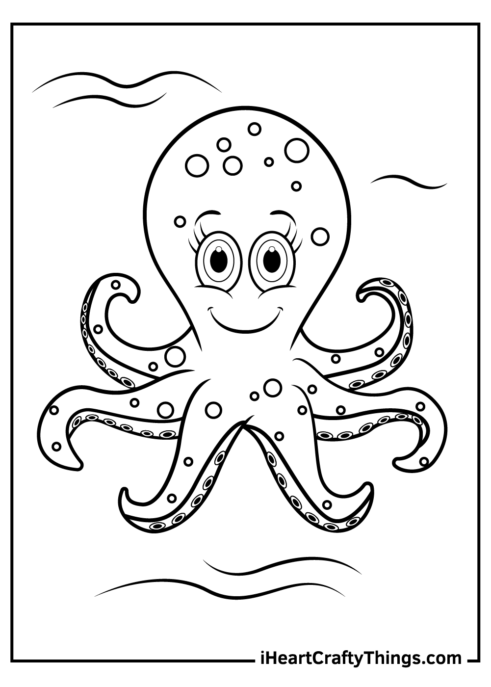 Coloring image of a cheerful cartoony octopus with six long tentacles and some wavy lines in the background