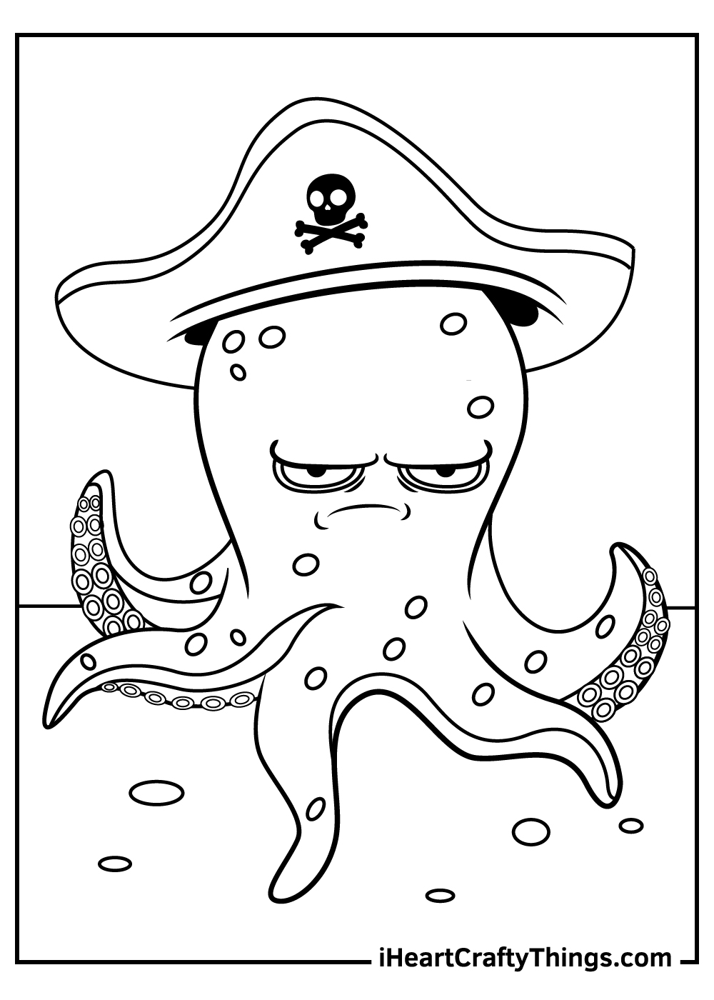 Free coloring printable for children featuring grumpy octopus with a pirate hat