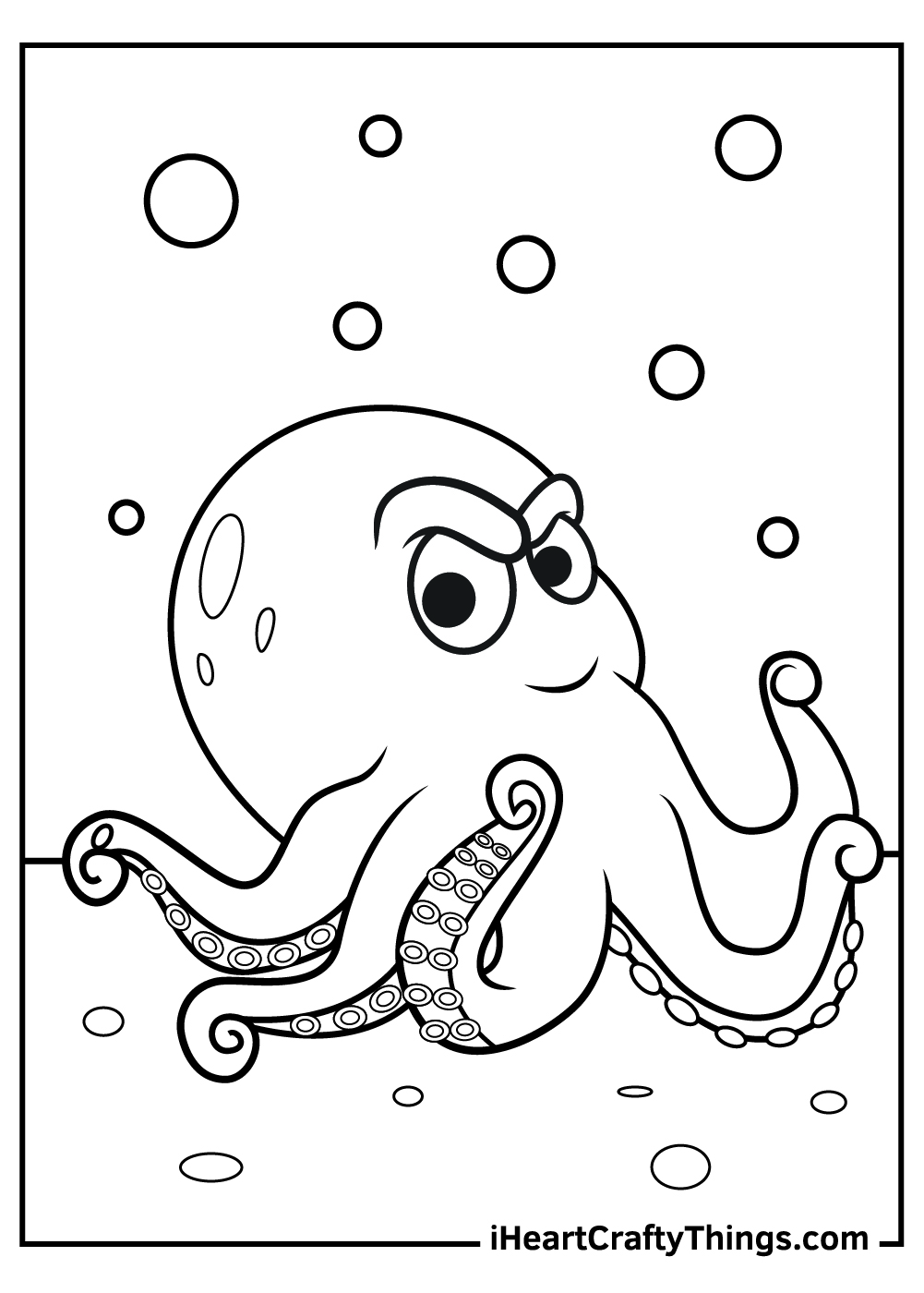 Printable sheet of an octopus with a naughty smile and curled tentacles surrounded by water bubbles