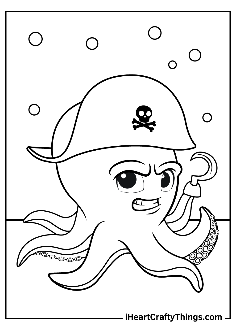 Detailed coloring image featuring pirate octopus with a pirate hat and hook surrounded by bubbles