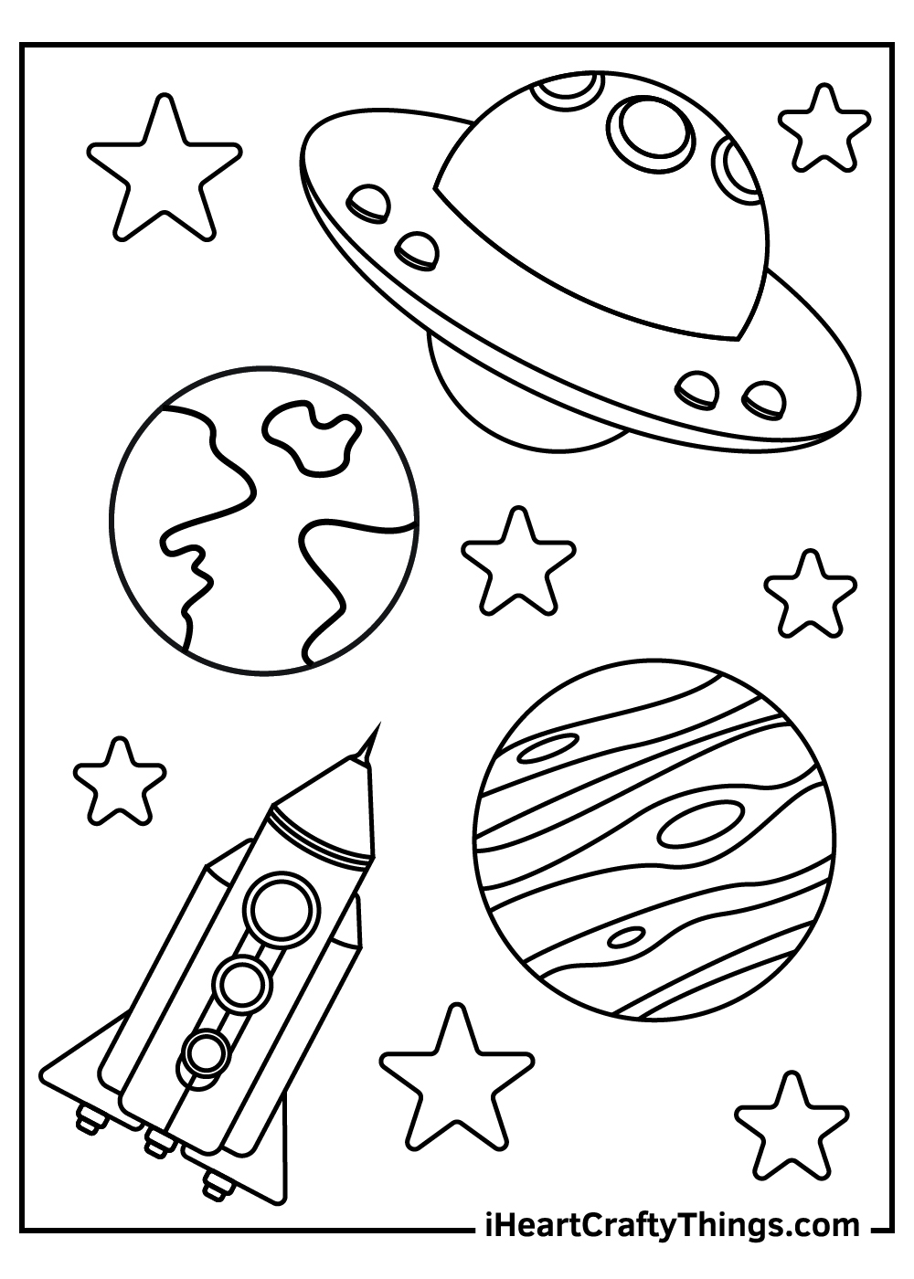 Outer Space coloring page of a rocket blasting through space with planets and stars in the background