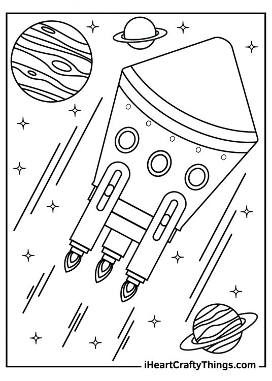Outer Space-themed page presenting spaceship with unusual design zooming through the cosmos