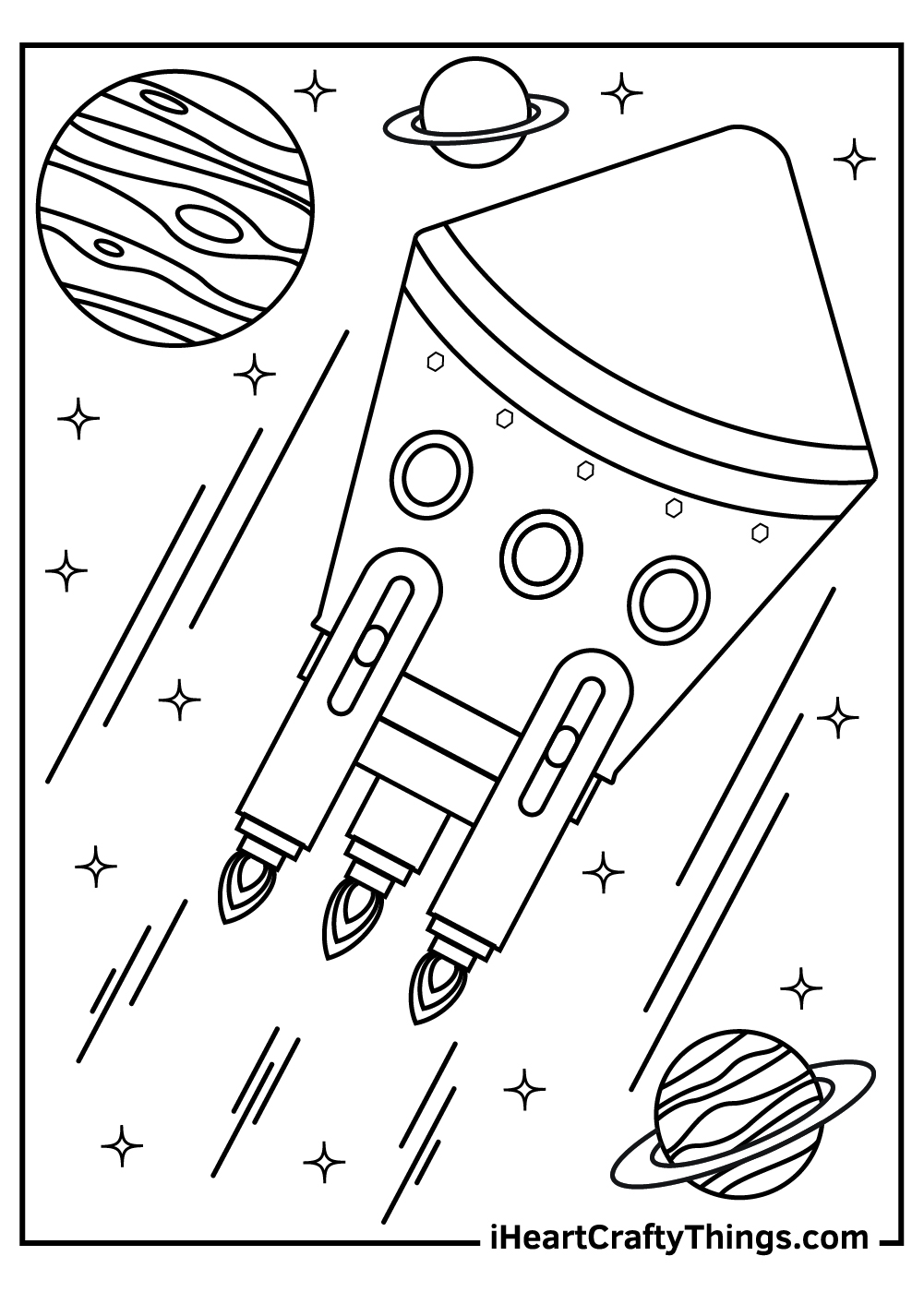 Outer Space-themed page presenting spaceship with unusual design zooming through the cosmos