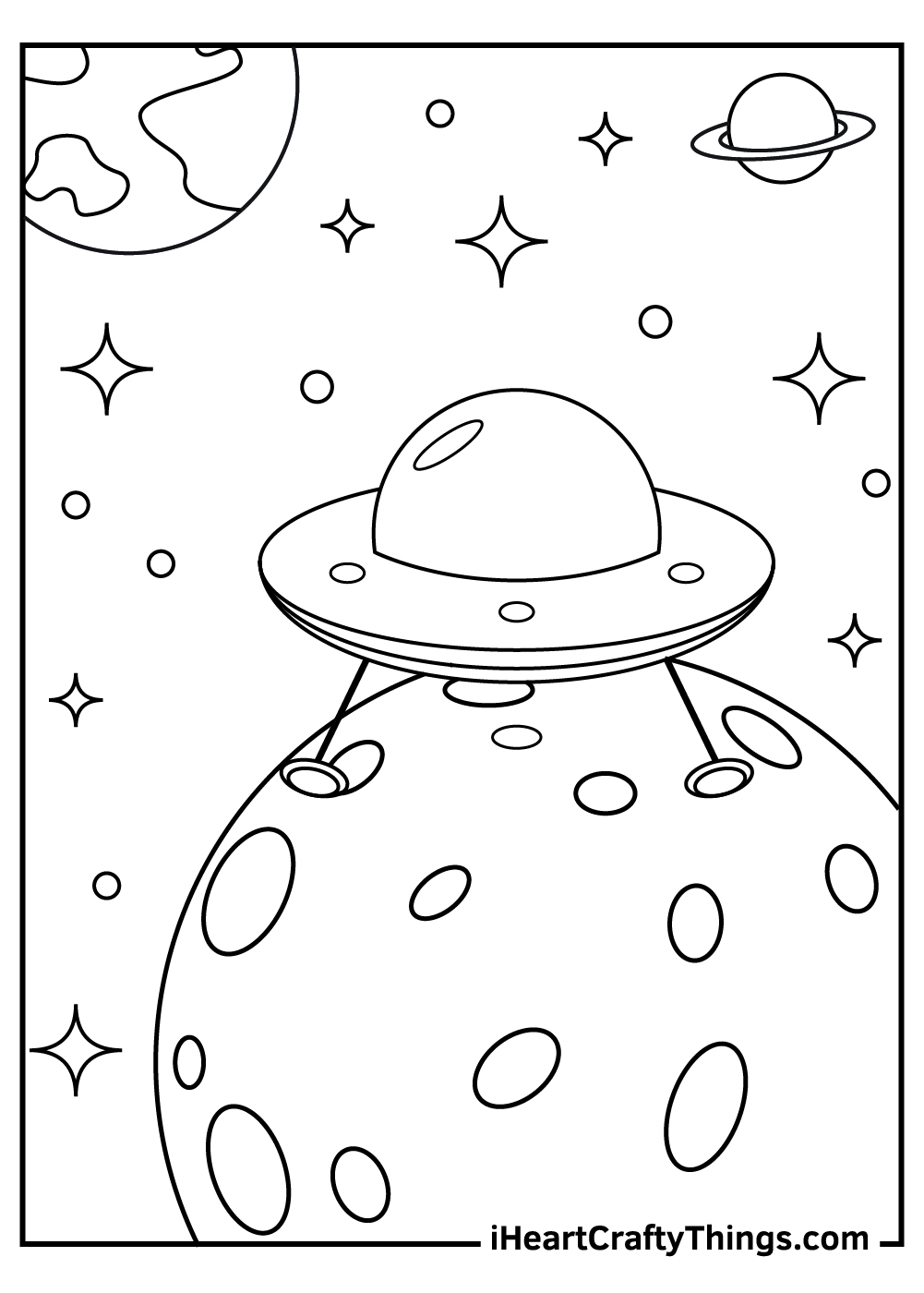 Outer Space printable page for kids to color featuring an alien ship landed on the Moon