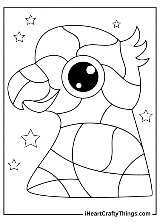 Parrots-themed coloring page presenting a close-up face of a parrot made of many small shapes