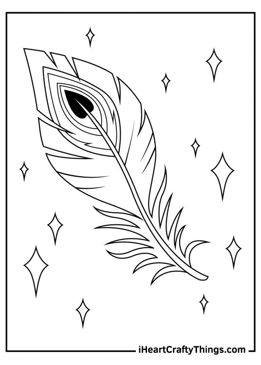 Coloring printable presenting single peacock feather surrounded by diamond shapes