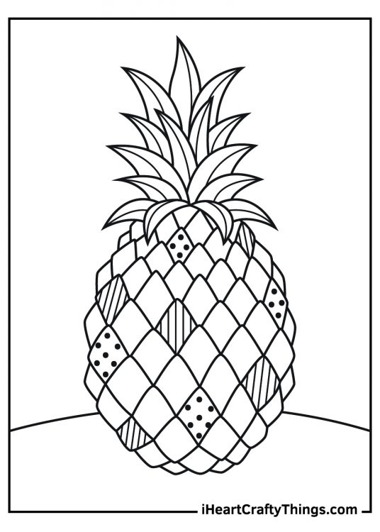 Free coloring sheet for adults presenting big pineapple with various patterns and shapes on it