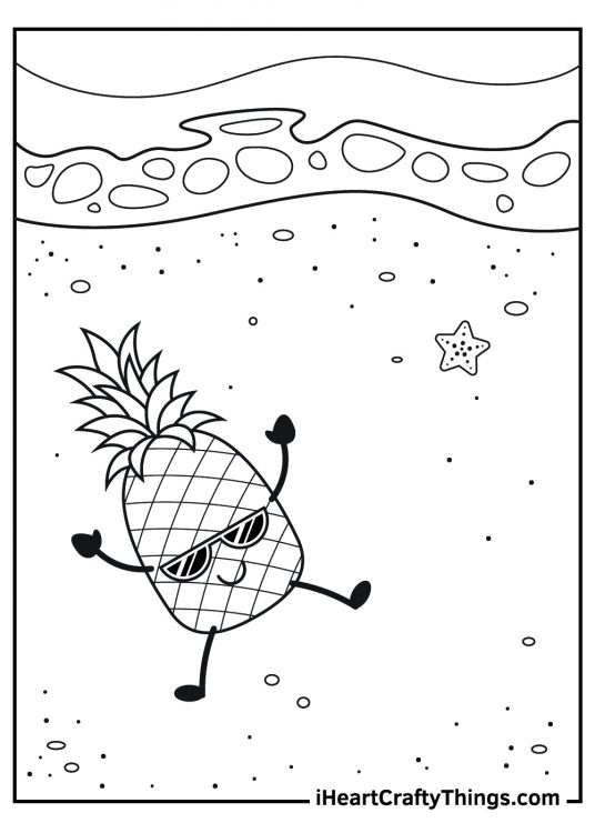 Detailed coloring page featuring cartoony pineapple catching a suntan on the beach