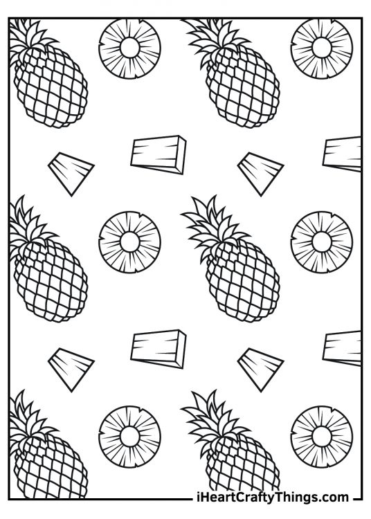 Pineapple-themed picture featuring full pineapples along with slices and segments all over the page