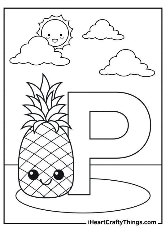 Coloring sheet for children featuring pineapple next to a giant letter P with clouds and sun in the sky