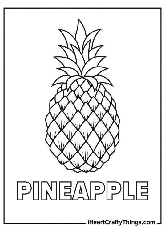 Coloring page featuring realistic pineapple with word PINEAPPLE written in bold beneath it