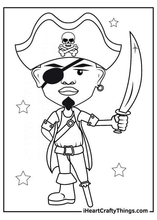 Pirates coloring page presenting a typical pirate holding a razor-sharp sword in one handPirate coloring page featuring a classic pirate holding a razor-sharp sword in one hand