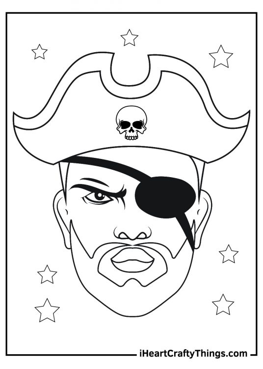 Pirate coloring page with a close-up of a pirate wearing a large hat and an eye patch