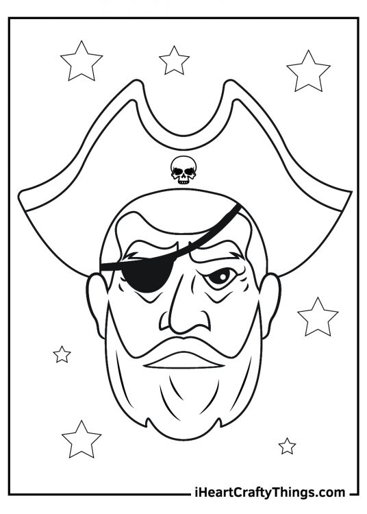 Pirate coloring page showing an old pirate surrounded by stars