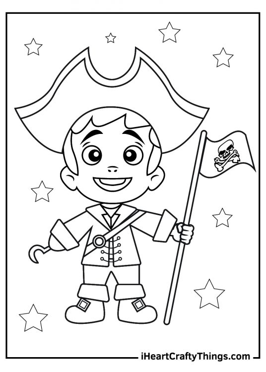 Pirate coloring page featuring an enthusiastic young pirate holding a flag with the skull and crossbones symbol
