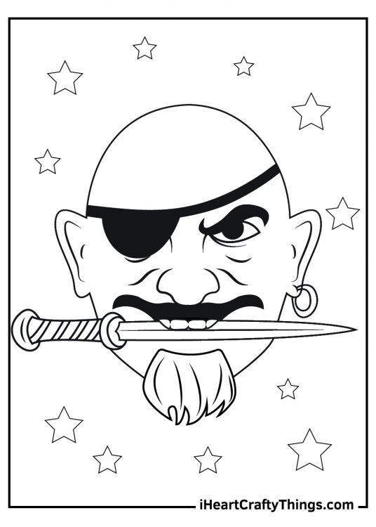 Pirate coloring sheet featuring a bald pirate wearing an eye patch and biting down on a sharp knife