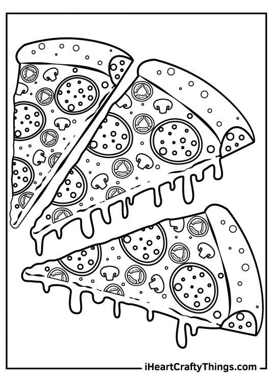 Colored sheet presenting three delicious pizza slices with various toppings and melted cheese oozing from the crust
