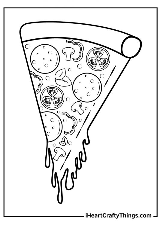 Detailed coloring image presenting a beautiful slice of pizza with dripping melted mozzarella cheese