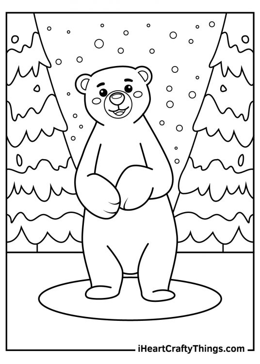 Black-and-white coloring sheet of a polar bear standing on two feet surrounded with pine trees
