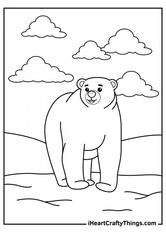 Printable pdf to color of a polar bear walking on a cloudy day on both fore and hind feet