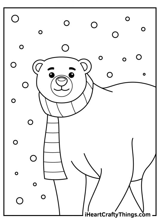Free printable page for kids of a cute polar bear wearing a scarf with snowflakes in the background