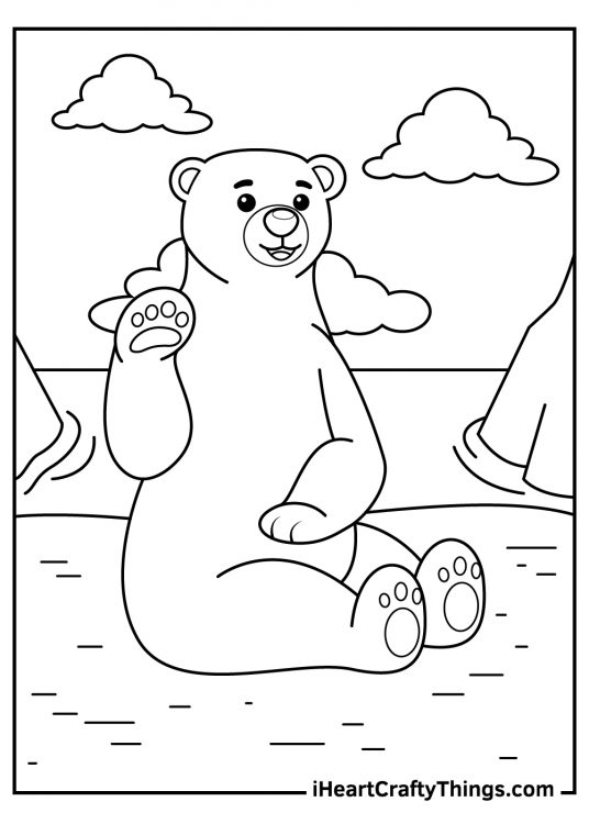 Free printable of a polar bear sitting on an iceberg in the middle of the ocean and waving his front paw