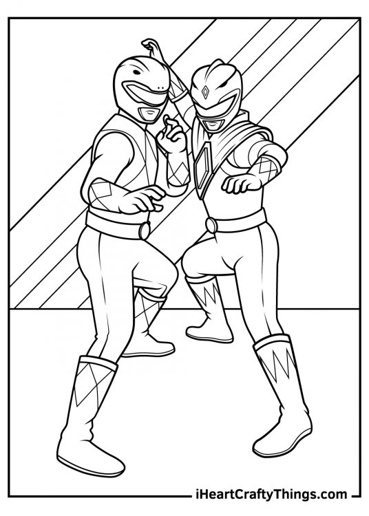 Power Rangers coloring picture featuring Red and Green Rangers striking cool pose
