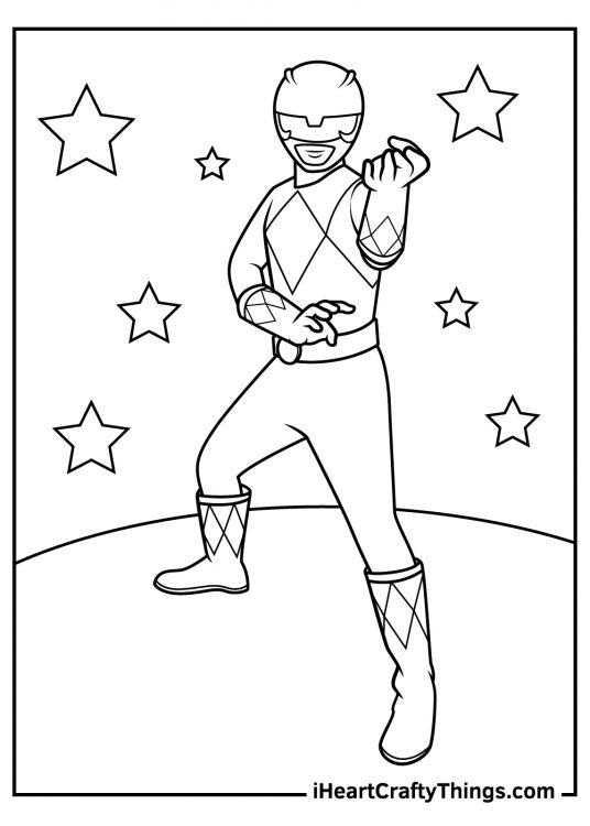 Power Rangers coloring printable featuring the Black Ranger on a spotlight with stars all around him