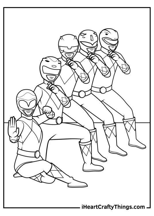 Detailed coloring drawing presenting full Power Rangers team of five in fighting poses