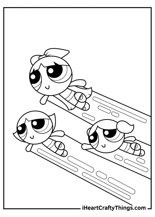 Coloring pdf featuring flying Blossom at the top, Buttercup just below her and Bubbles behind them in the middle