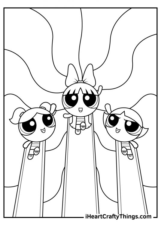 Powerpuff Girls-themed printable featuring three flying girls with wave lines on their background