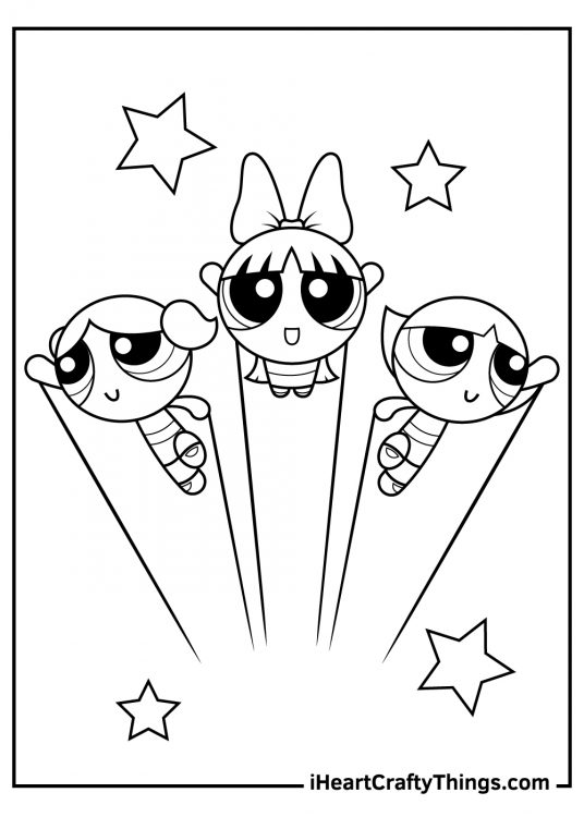 Free coloring page for kids featuring flying Powerpuff Girls with big round eyes and stars around them
