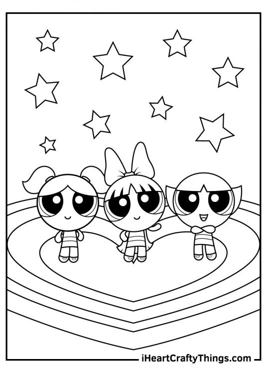 Coloring sheet of a Powerpuff Girls standing on a heart-shaped flooring with stars above their heads