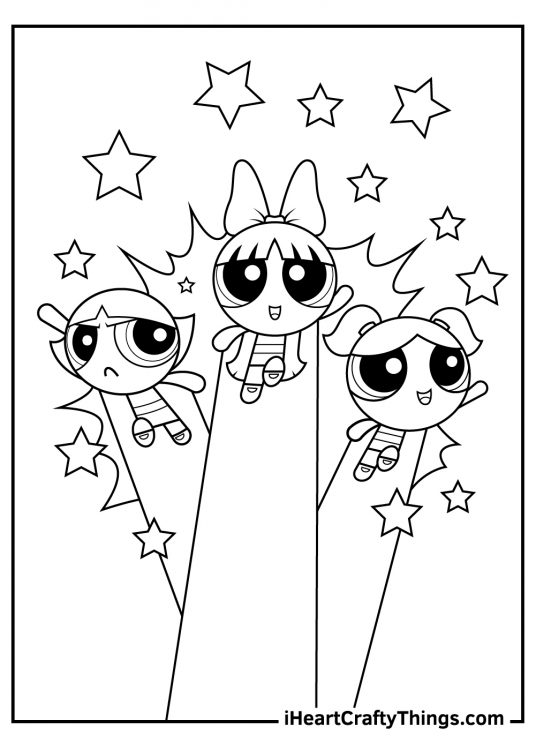 Printable coloring page with a flying away Powerpuff Girls and stars in the background