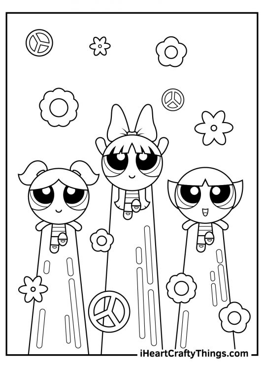 Powerpuff Girls flying towards the sky surrounded by different cute flowers and peace symbols coloring page