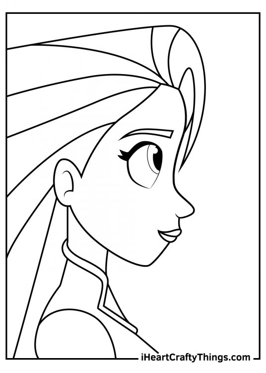 Coloring page featuring a side view of Rapunzel with eyes widely open fixated at something in a far distance