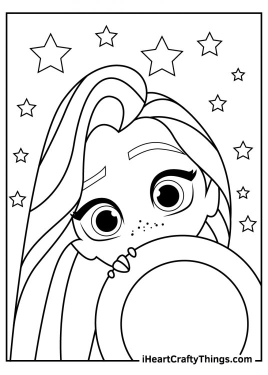 Coloring picture of a Rapunzel hiding her face behind the plate shes holding with stars all around her