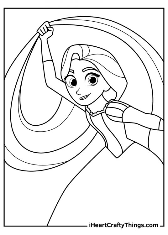 Free printable picture of a Rapunzel holding her hair with one hand as she leans back