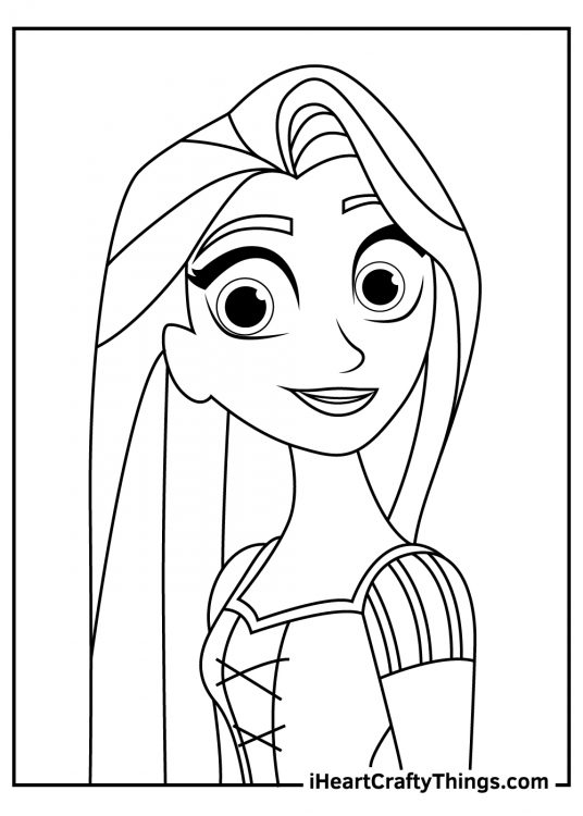 Coloring portrait of a Rapunzel wearing dress with puffed sleeves and an adjustable strap at the front
