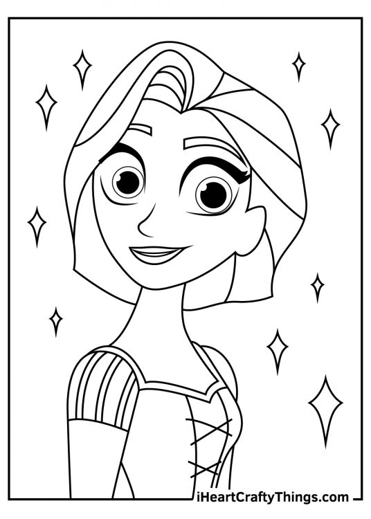 Closeup coloring picture of a Rapunzel with short hair surrounded by sprakles in the background