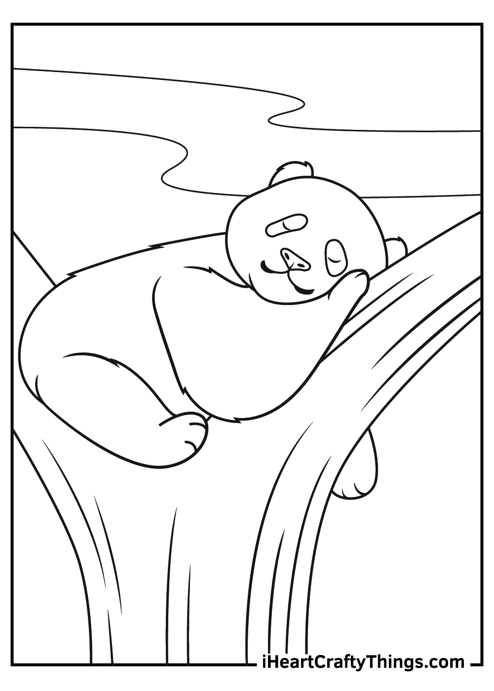 Realistic animal coloring sheet for kids of a sleepy panda taking a nap on the tree