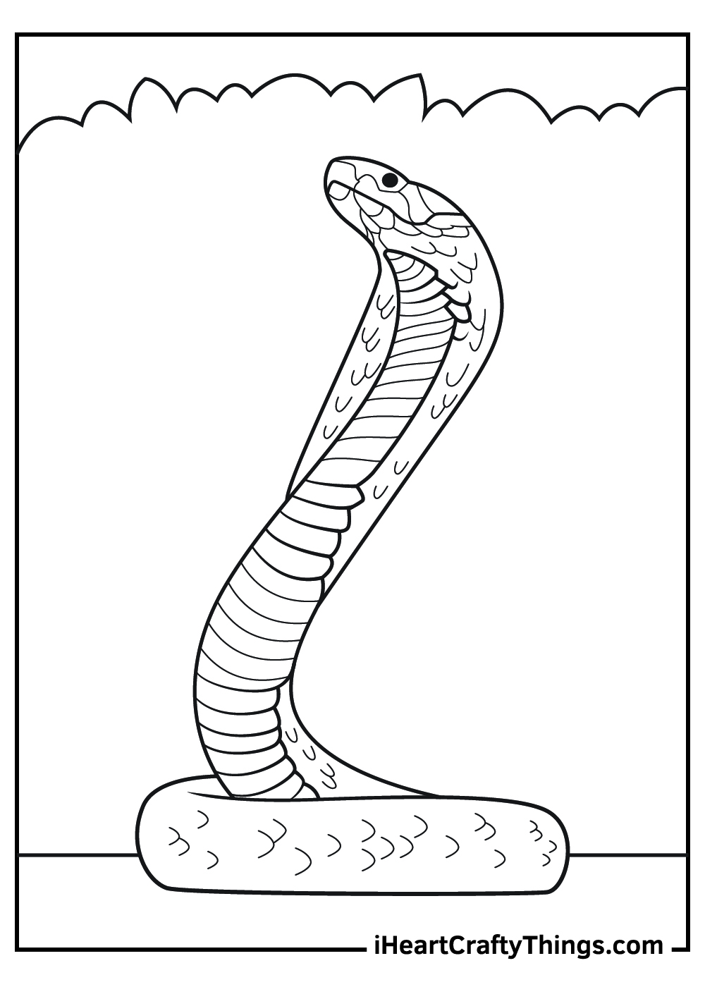 Realistic animal coloring page featuring cobra snake on a pathway with greenery in the background