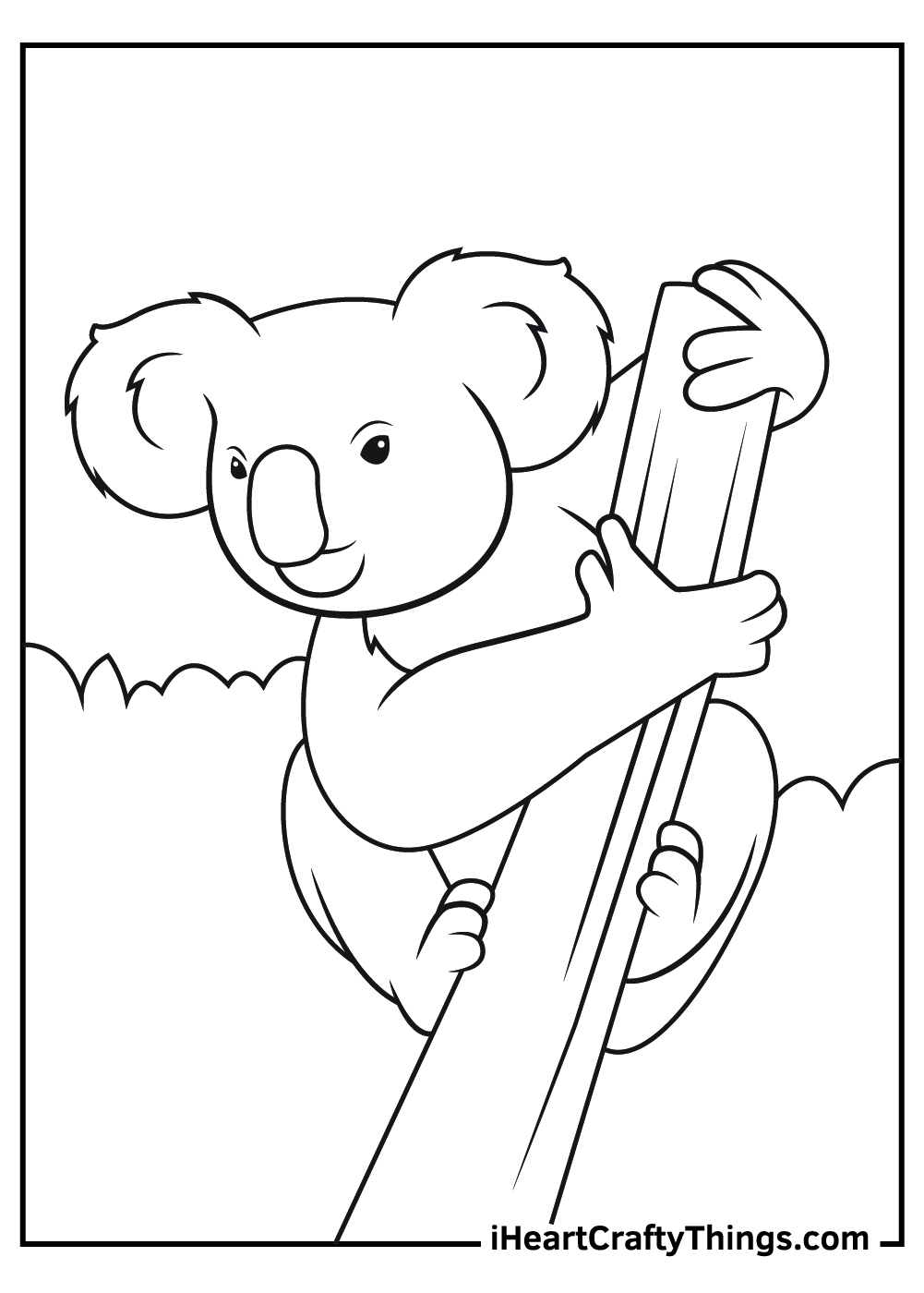 Realistic animal coloring page of a koala bear clinging to a tree branch surrounded by greenery