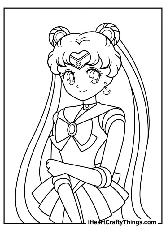 Printable coloring portrait of a Sailor Moon looking relaxed and smiling calmly